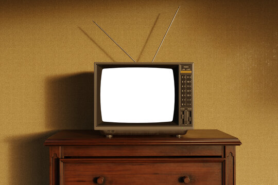 3D Rendering of an old television with isolated PNG screen in front of retro beige wall