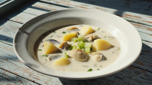 Delicious potato and creamy clam chowder soup in white bowl on rustic