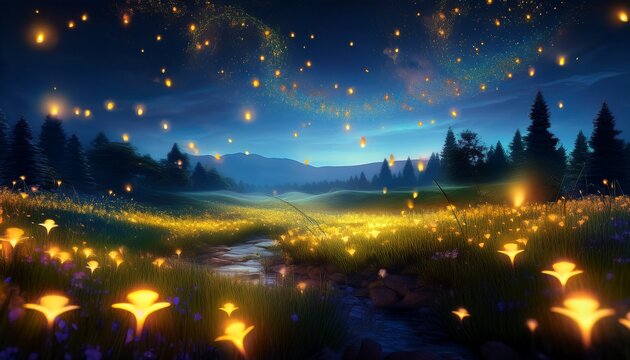 Magical Firefly Field At Night Lightning Bugs In An Enchanted Landscape Abstract Glowing Wallpaper Background