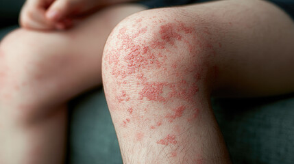 Fototapeta premium Young leg skin rash dry eczema patch red skin flare close up medical condition texture detail copy space natural light pale skin