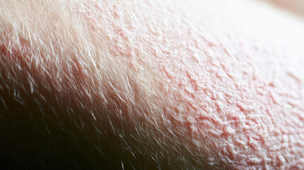 Fototapeta premium Dry skin rash close up leg thigh eczema skin texture pale pink skin flakes skin pore side light