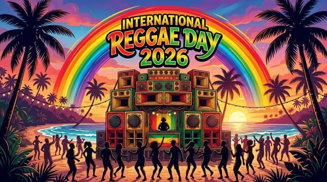 Vibrant digital illustration for international reggae day with sound system speakers
