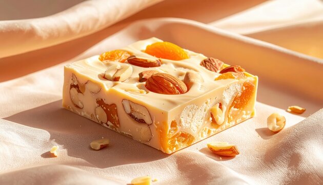 Delicious Apricot Almond Nougat Square with Visible Nut Pieces and Dried Fruit Sprinkled on a Silken Background
