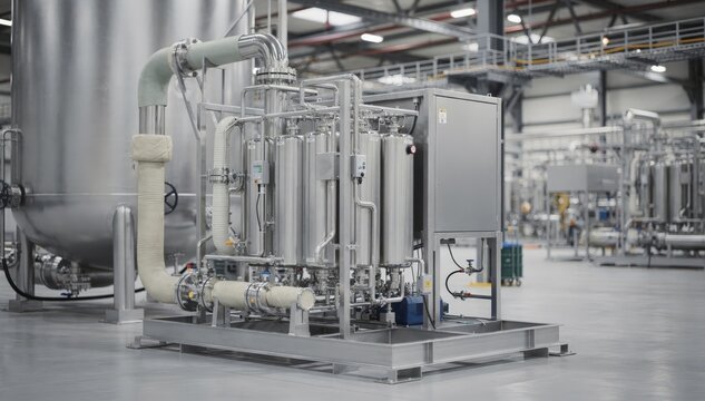 Medium shot of a compact skid system capturing carbon dioxide from a reactor tail gas line showcasing modular design for efficient CO2 reuse in industrial processes.
