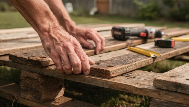 Medium shot of skilled hands fitting reclaimed lumber deck boards onto a refurbished wooden pallet frame outdoors highlighting sustainable repair techniques.
