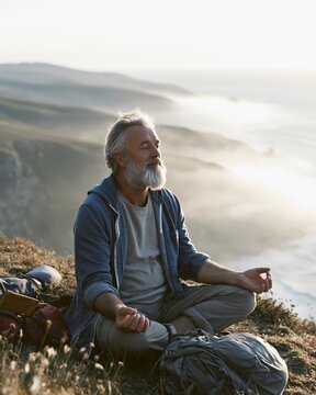Older man in relaxed breathwork pose on cliffside with hiking gear close overlooking foggy valleys and ocean haze captured in soft natural light with focused subject and dreamy