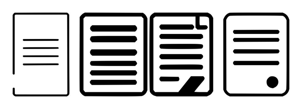 Contract document icon set with solid black outline on white background featuring contract, document, legal icon with black and white and simple design