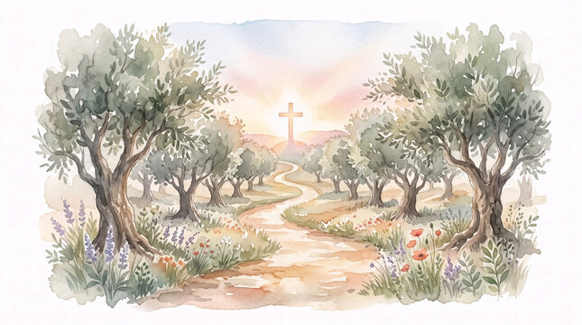 Path leading to glowing cross through olive grove