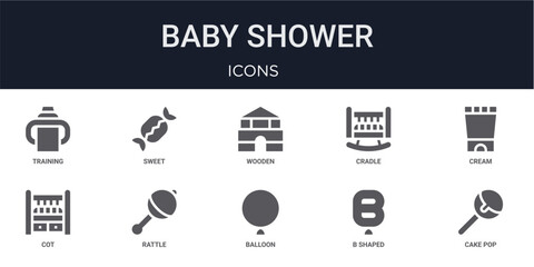 Set of 10 solid Baby Shower icons for dashboards, app screens and website sections. Filled glyph collection including sweet, cradle, cot, balloon and b shaped. © Olivia