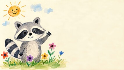 Fototapeta premium Cute raccoon character waving hand in a floral meadow under the sun. Watercolor illustration for children greeting card design with copy space for text. Kids birthday invitation background.