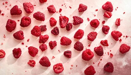 Fototapeta premium Dried Raspberry Pieces with Intricate Structure and Vivid Red Hues Scattered Across a Textured Surface