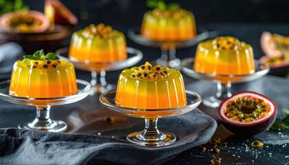 Fototapeta premium Exotic Gourmet Fruit Jellies with Passionfruit and Guava Topped with Seeds, Presented on Elegant Glass Stands