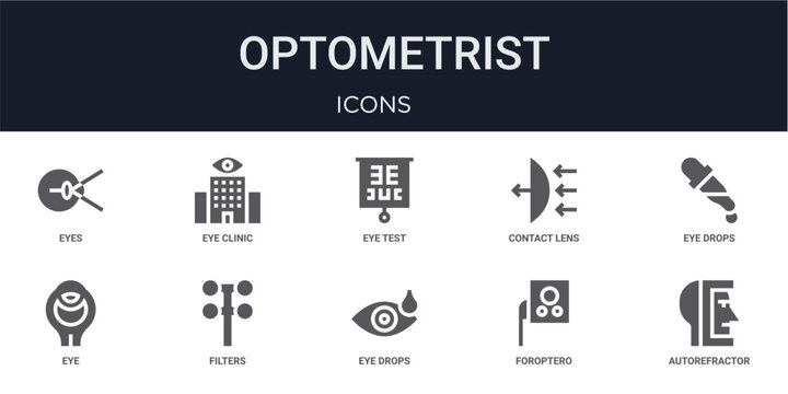 Set of 10 solid Optometrist icons for dashboards, app screens and website sections. Filled glyph collection including eye clinic, contact lens, eye, eye drops and foroptero.