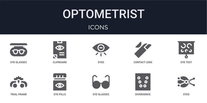 Set of 10 solid Optometrist icons for dashboards, app screens and website sections. Filled glyph collection including clipboard, contact lens, trial frame, eye glasses and divergence cards.