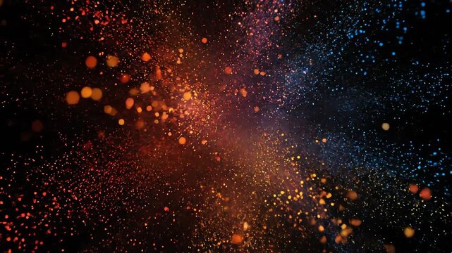 A vibrant splash of blue, orange, and yellow sparks explode on a dark background