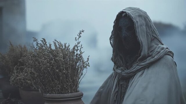 Hooded figure standing in misty garden. Cloaked person amid dry grass and potted plants in foggy atmosphere. Mysterious outdoor scene for fantasy spiritual concept.