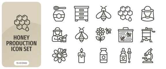 Honey production icon set, beekeeping equipment and bee products, vector line icons for apiary, honey farm, natural organic food, beekeeper tools, honeycomb, bee, hive, flower, candle, lab equipment © Abir Creative Studio