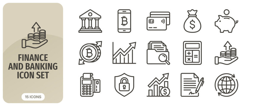 Finance and banking icon set, vector illustration of various financial symbols including bank, credit card, piggy bank, calculator, and growth charts