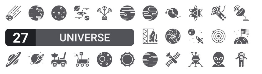 Set of 27 filled glyph Universe icons for mobile apps, web interfaces and digital products. Solid vector icon pack featuring meteor, mercury, space capsule, space shuttle, space travel and astronaut. © William