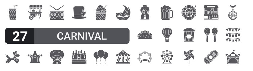 Set of 27 filled glyph Carnival icons for mobile apps, web interfaces and digital products. Solid vector icon pack featuring beverage, drum, ice cream, taco, popcorn box and circus tent. © William