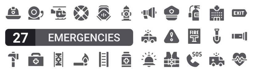Set of 27 filled glyph Emergencies icons for mobile apps, web interfaces and digital products. Solid vector icon pack featuring firefighter helmet, helicopter, gas mask, police car, fire alarm and © William