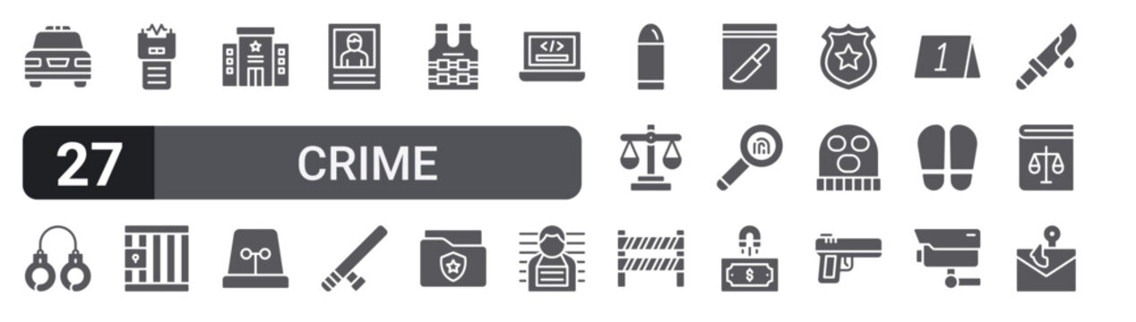 Set of 27 filled glyph Crime icons for mobile apps, web interfaces and digital products. Solid vector icon pack featuring police car, police station, bulletproof vest, justice, balaclava and
