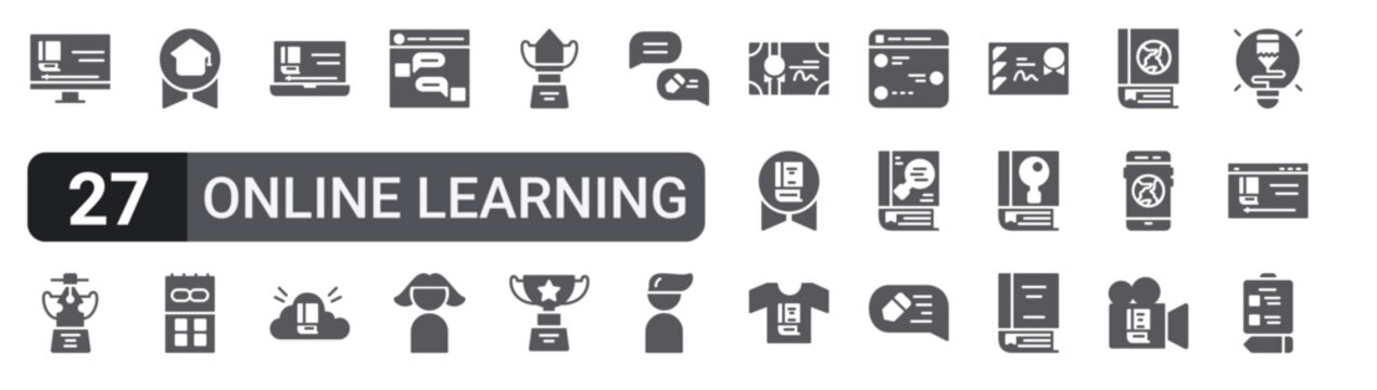 Set of 27 filled glyph Online Learning icons for mobile apps, web interfaces and digital products. Solid vector icon pack featuring video tutorial, video tutorial, award, award, knowledge and exam.