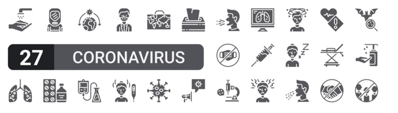 Set of 27 filled glyph Coronavirus icons for mobile apps, web interfaces and digital products. Solid vector icon pack featuring WASHING HANDS, outbreak, outbreak, medical mask, tiredness and group.