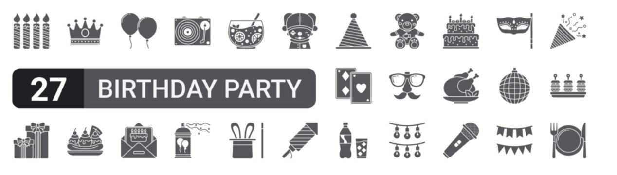 Set of 27 filled glyph Birthday Party icons for mobile apps, web interfaces and digital products. Solid vector icon pack featuring candles, balloons, punch bowl, poker cards, chicken and serving