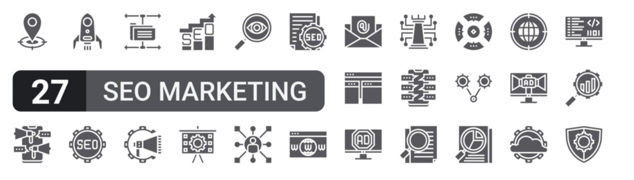Set of 27 filled glyph SEO Marketing icons for mobile apps, web interfaces and digital products. Solid vector icon pack featuring map pointer, folder network, monitoring, responsive, engine and