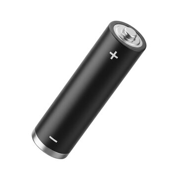 A single black AA battery with positive and negative terminals shown in a tilted perspective on a grey background.