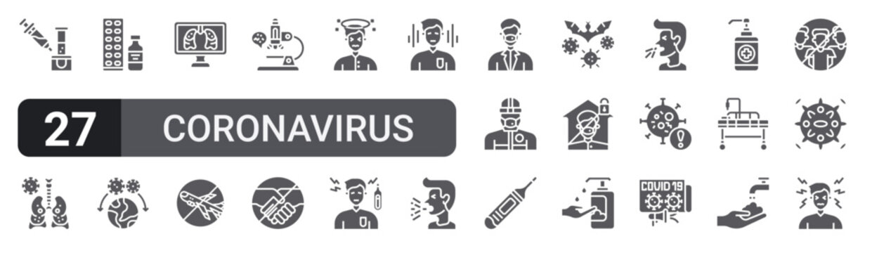Set of 27 filled glyph Coronavirus icons for mobile apps, web interfaces and digital products. Solid vector icon pack featuring blood test, human lungs, dizziness, hazmat, warning and headache.