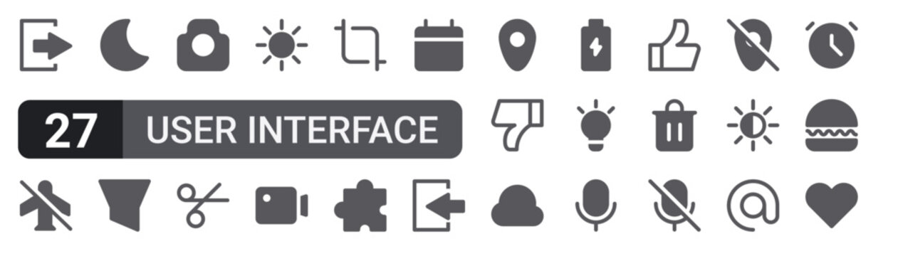 Set of 27 filled glyph User Interface icons for mobile apps, web interfaces and digital products. Solid vector icon pack featuring logout. logout for website design and mobile, app development,