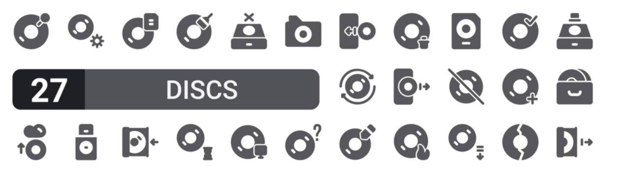 Set of 27 filled glyph Discs icons for mobile apps, web interfaces and digital products. Solid vector icon pack featuring find, read, disc drive, reload, disabled and eject.