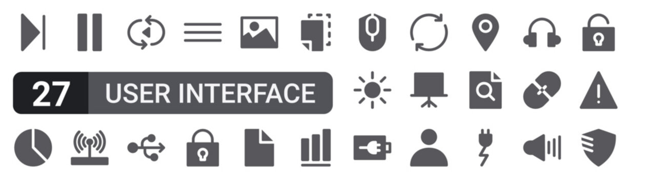Set of 27 filled glyph User Interface icons for mobile apps, web interfaces and digital products. Solid vector icon pack featuring next button, autoplay, picture, sun, preview and shield.