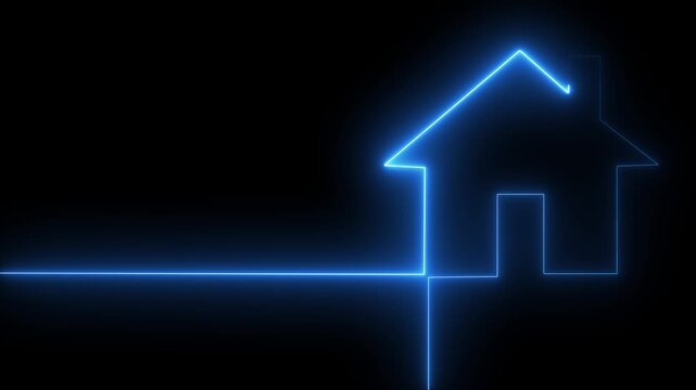 Glowing Blue Neon Outline of a House on Black Background, Modern Architecture Concept, Digital Energy Line Connecting to Home.building sign.neon line bank icon 4k video.