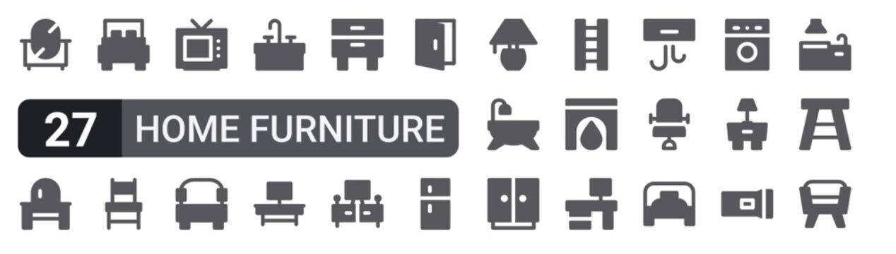 Set of 27 filled glyph Home Furniture icons for mobile apps, web interfaces and digital products. Solid vector icon pack featuring mirror, tv monitor, cabinet drawer, bathtub, deck chair and seat.