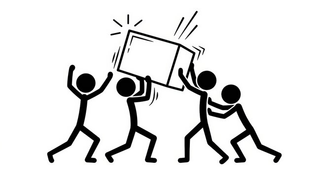 Stick figure team lifting heavy box, group of people working together on logistics, collaborative teamwork concept illustration on white background