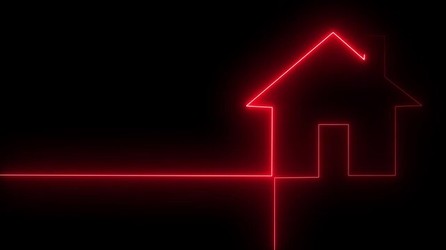 Glowing red Neon Outline of a House on Black Background, Modern Architecture Concept, Digital Energy Line Connecting to Home.building sign.neon line bank icon 4k video.