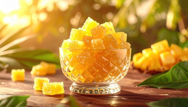 Glistening candied pineapple chunks piled high in a decorative crystal glass bowl, bathed in warm sunlight