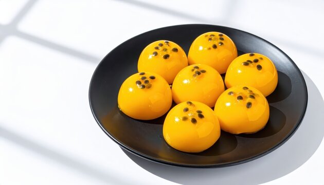 Glistening Yellow Passionfruit Candies with Tart Flavor on a Black Plate