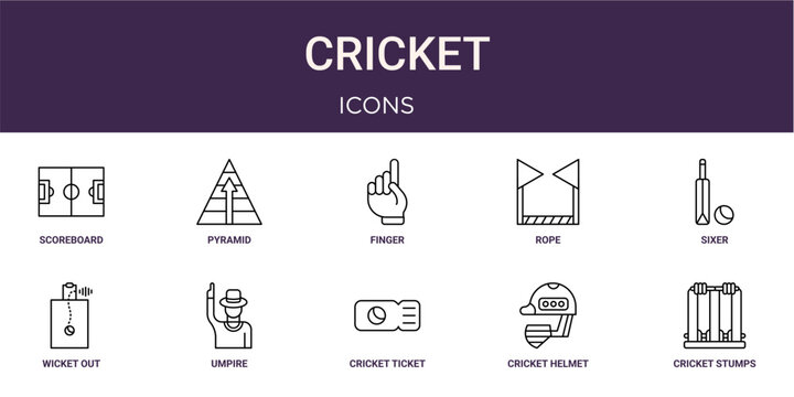 Set of 10 linear Cricket icons for interface projects, presentations and web graphics. Outline symbol collection with pyramid, rope, wicket out, cricket ticket and cricket helmet.