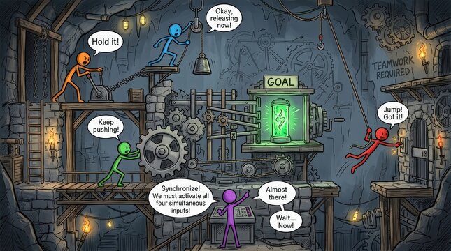 Teamwork required concept illustration, stick figures collaborating in a steampunk factory, business synchronization and collective effort metaphor