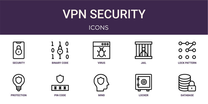 Set of 10 linear Vpn Security icons for interface projects, presentations and web graphics. Outline symbol collection with binary code, jail, protection, mind and locker.