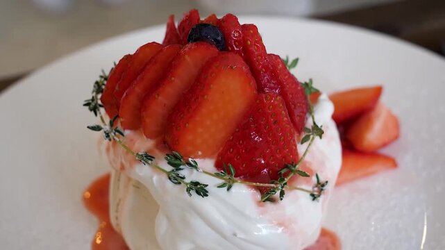 Close-up shot of a chef's hands, wearing gloves, adding a dollop of fresh whipped cream to a homemade Pavlova meringue base on a white plate. This footage captures the final steps of assembling the cl