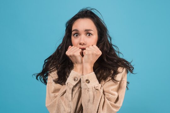 Worried Young Woman With Dark Hair Looking Anxious And Stressed, Holding Hands To Face In Front Of Bright Blue Background. Capturing Emotion In A Studio Setting, Anxiety Concept.