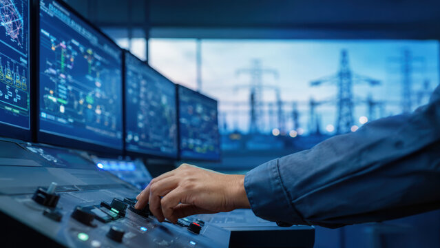 Efficient electrical operators manage substation control panel while monitoring power distribution and grid performance in modern facility