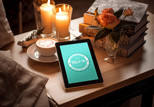 Tablet Mock-up Scene 3D Screen on the Desk, E-book next to coffe and Flowers