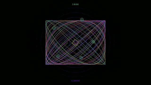An abstract digital interface demonstrates holographic gesture control as colorful mathematical wave lines oscillate and shift parameters inside a dark futuristic HUD.