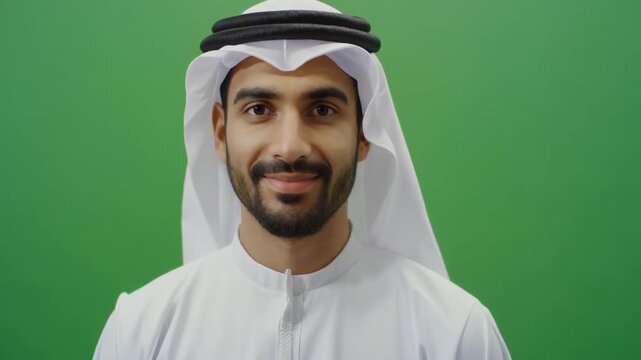 Portrait of a smiling young Arab man wearing traditional clothing isolated on green screen chroma key background.
